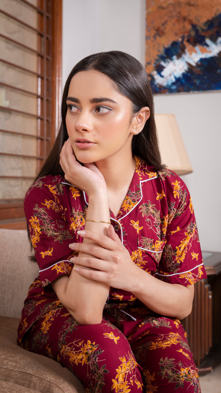 Royal Leaves Half Sleeves PJ Set