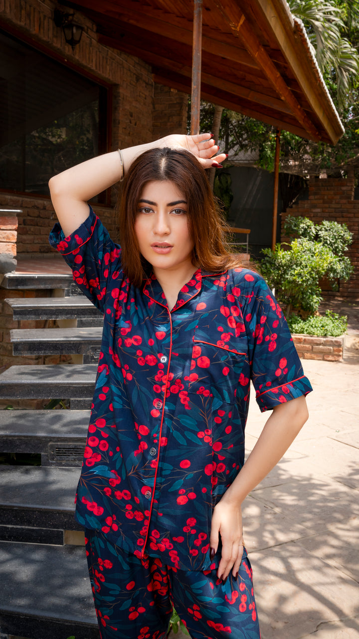Red Roses Half Sleeves PJ Set